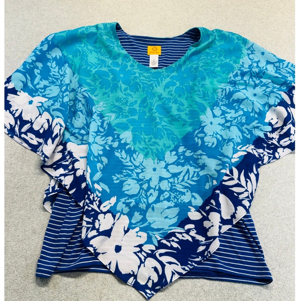 Ruby Rd Layered Poncho Top Womens Small Blue‎ Teal Floral Striped V-Neck Flowy